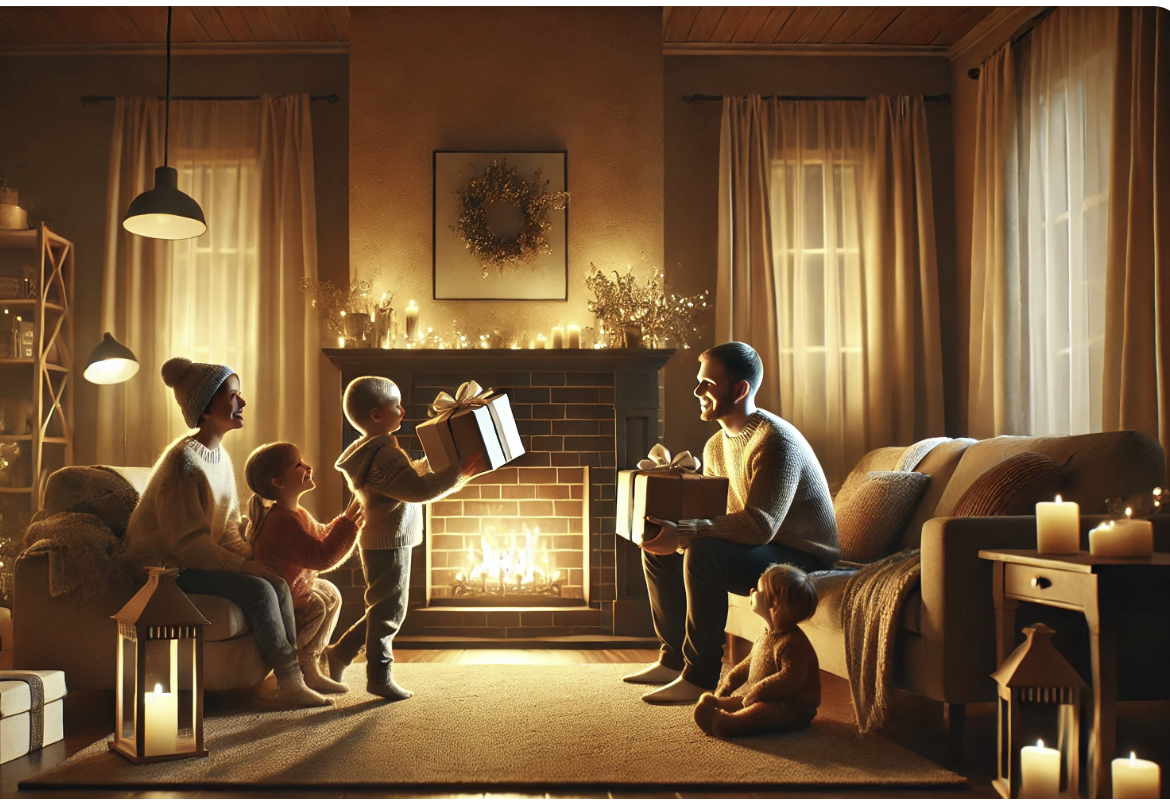 Famille réunie autour de la cheminée dans un salon cosy décoré pour Noël, enfants offrant des cadeaux aux parents dans une ambiance chaleureuse à la lueur des bougies — scène de fêtes illustrant la convivialité, le partage et la magie de Noël en intérieur.