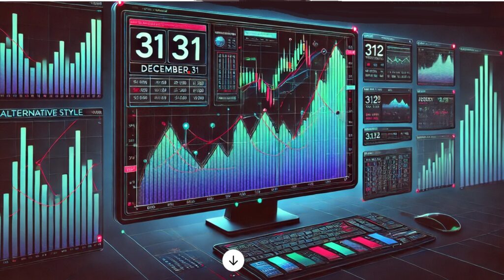 Écran d’ordinateur haute technologie affichant des graphiques de données, courbes de tendances et indicateurs financiers sur fond sombre, avec un clavier futuriste et de multiples tableaux de bord — illustration du data analytics, de la finance algorithmique et de la visualisation interactive des données.