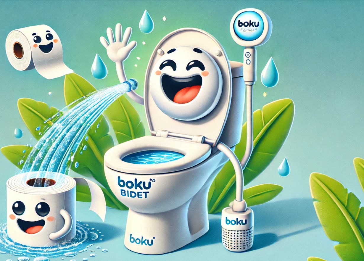 Illustration joyeuse et colorée d’un bidet intelligent Boku Bidet personnifié, souriant et projetant un jet d’eau, accompagné d’un rouleau de papier toilette animé, symbolisant l’hygiène, l’écologie et l’innovation dans les toilettes du quotidien.
