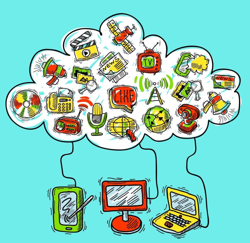 Dessin coloré représentant un nuage connecté à un smartphone, un ordinateur de bureau et un ordinateur portable, rempli d’icônes de médias, de réseaux sociaux, de télévision, de radio et de navigation — illustration de la convergence numérique et du cloud computing.