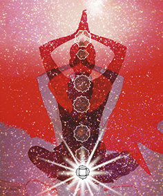 Silhouette d’une personne en position de méditation, avec les sept chakras alignés le long de la colonne vertébrale, sur un fond rouge étoilé — illustration des énergies subtiles, de l’harmonisation intérieure et des pratiques de bien-être holistique.