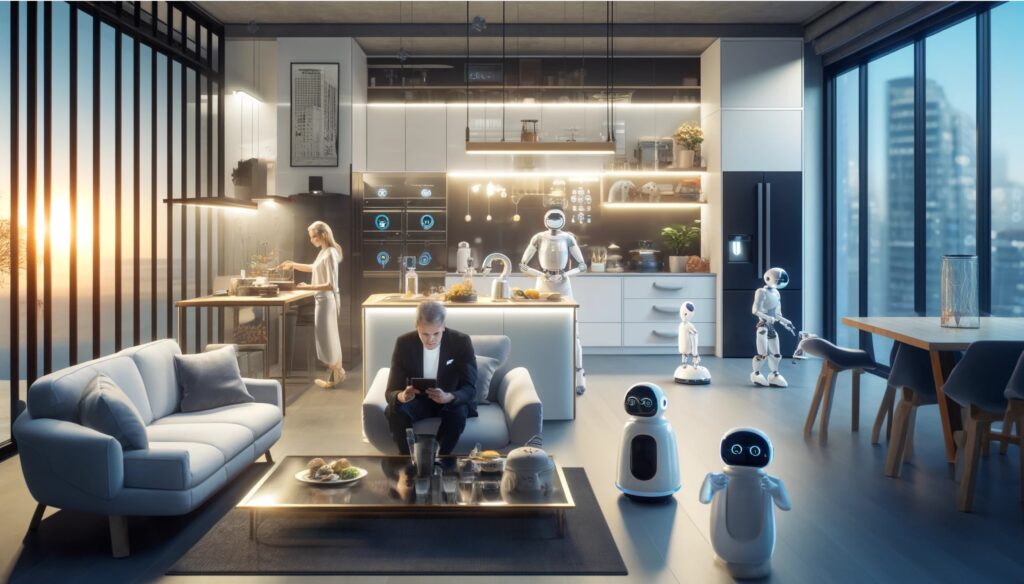 Intérieur moderne baigné de lumière avec une famille interagissant avec plusieurs robots domestiques dans une cuisine connectée — illustration d’un habitat intelligent alliant confort, automatisation et bien-être assisté par l’intelligence artificielle.