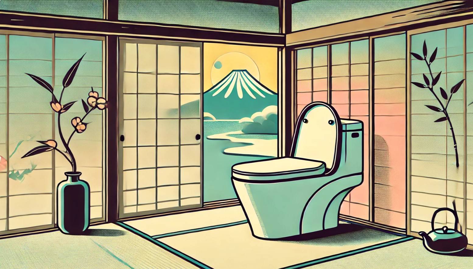 Toilettes japonaises modernes dans une pièce de style traditionnel avec tatamis et parois shōji, face au mont Fuji — illustration mêlant confort technologique et esthétique zen, symbole de l’hygiène et du bien-être à la japonaise.