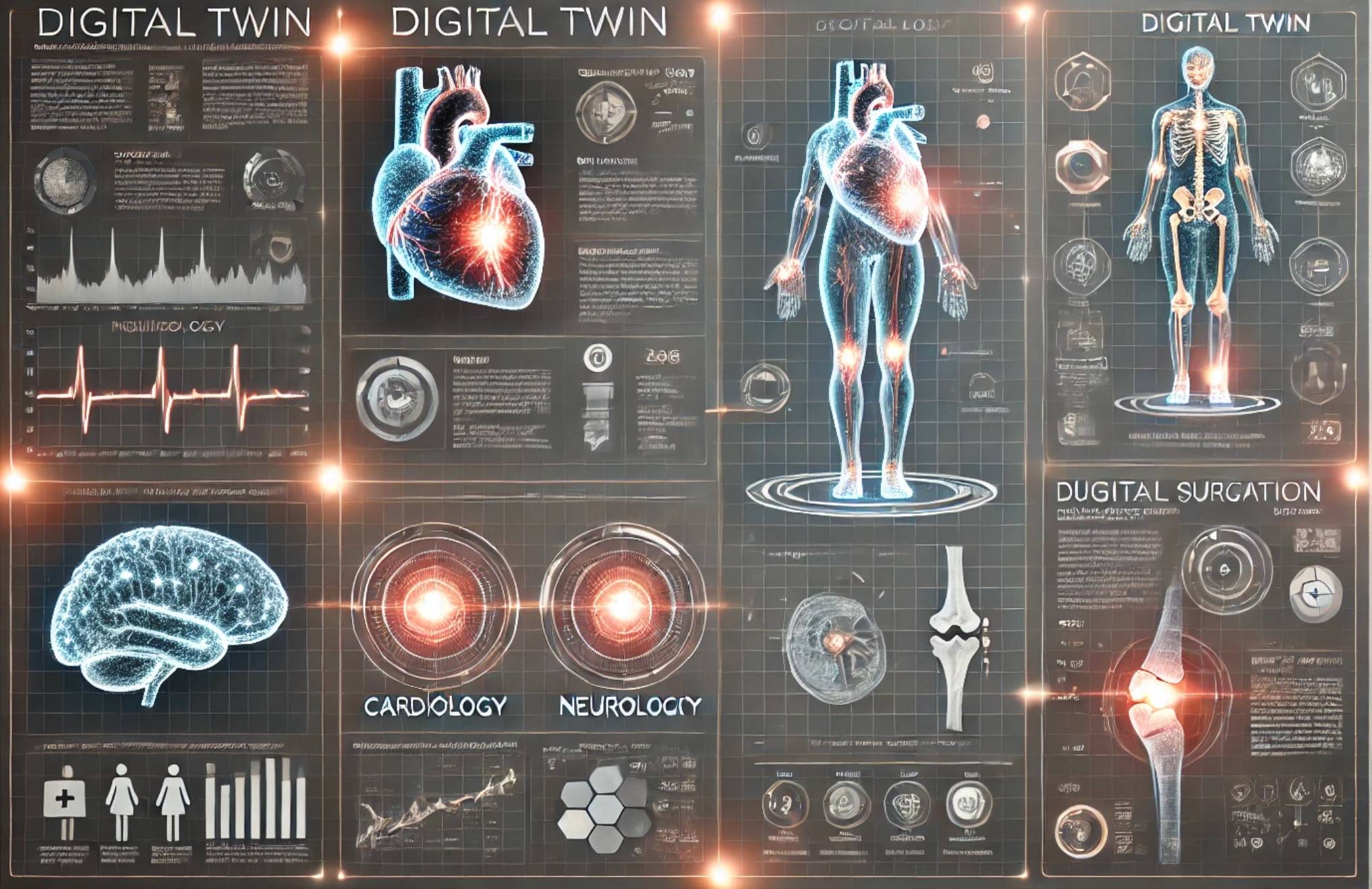 Tableaux interactifs présentant des jumeaux numériques du corps humain, avec modélisations 3D du cœur, cerveau, squelette et articulations — illustration des technologies de santé prédictive basées sur les digital twins, en cardiologie, neurologie et chirurgie assistée.