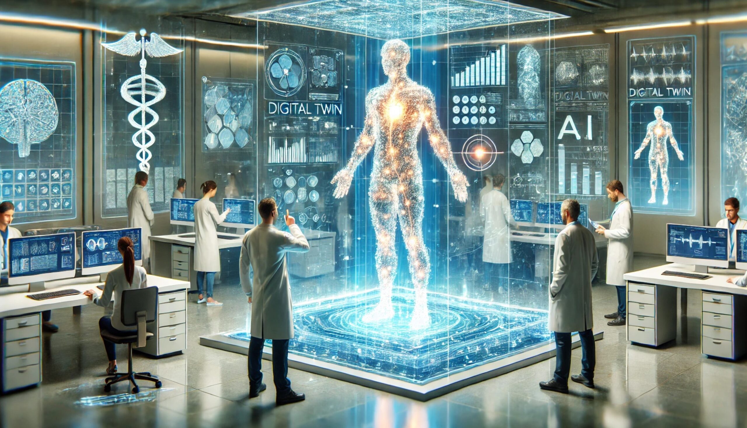 Médecins en blouse blanche travaillant autour d’un jumeau numérique humain en 3D, projeté dans une interface holographique dans un laboratoire futuriste, illustrant l’alliance entre intelligence artificielle, santé personnalisée et biotechnologies.