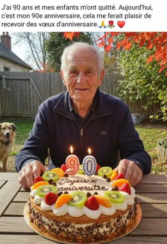 Homme souriant fêtant ses 90 ans en extérieur, assis devant un gâteau d’anniversaire décoré de fruits frais et de bougies allumées, illustrant la joie de vivre et les moments de célébration en famille. En regardant bien les détails, on note que cette photo est générée par une IA . UN texte est destiné à apitoyer les gens