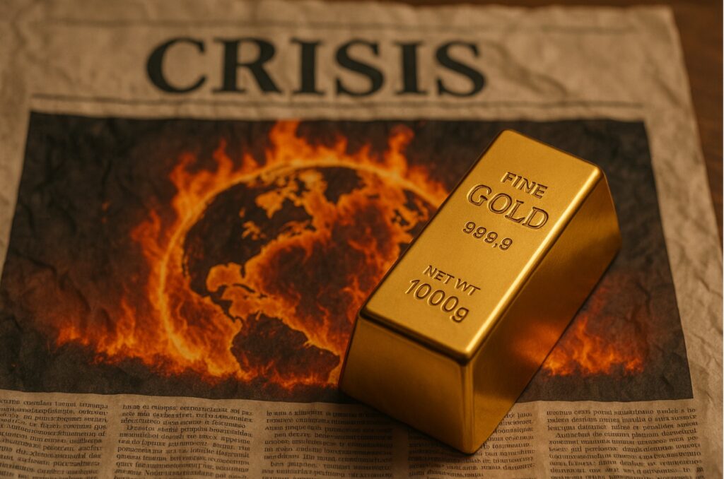 Lingot d’or pur de 1000 g sur un journal titré "Crisis", illustrant une planète Terre en flammes — une mise en scène percutante de l’or comme valeur refuge face aux crises économiques et géopolitiques.
