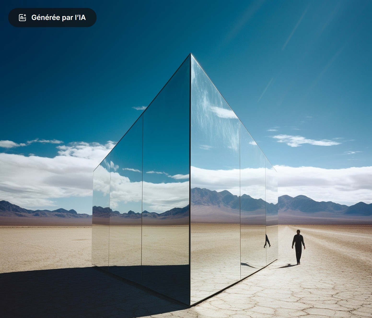 Silhouette humaine s’approchant d’un bâtiment miroir en plein désert, reflétant le ciel et les montagnes, illustrant l’introspection, la solitude face à l’immensité, ou la frontière entre réel et illusion dans un monde technologique.