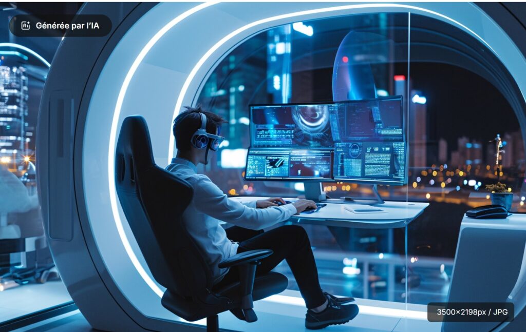 Personne équipée d’un casque et de lunettes immersives, installée dans un espace de travail high-tech avec plusieurs écrans futuristes, en surplomb d’une ville intelligente — symbolisant le contrôle numérique, le travail dans le métavers ou l’interface homme-machine avancée.