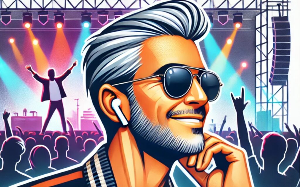 Homme souriant aux cheveux gris et lunettes de soleil, portant des écouteurs sans fil, profitant d’un concert en plein air avec une ambiance festive et colorée — illustration stylisée de la vitalité connectée et du plaisir culturel à tout âge.
