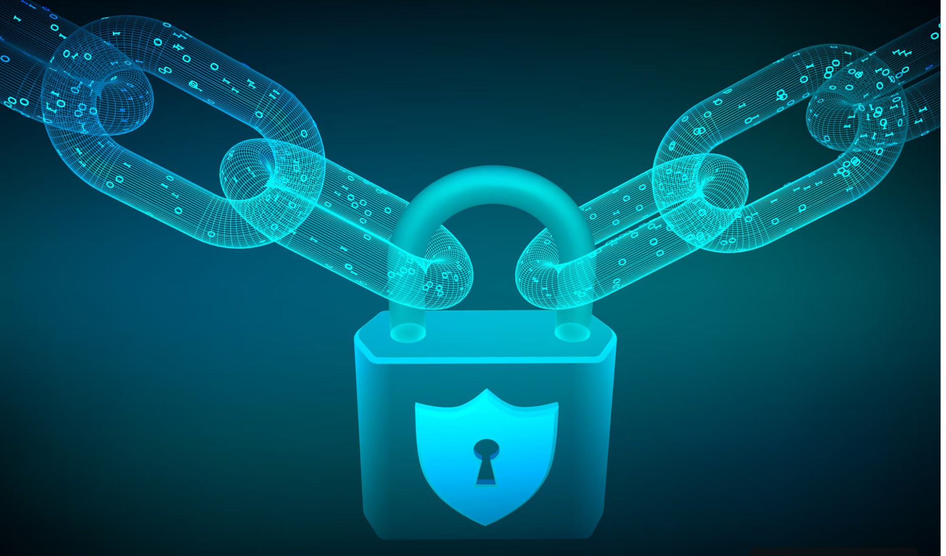 Cadenas numérique verrouillé par des chaînes de données virtuelles, représentant la cybersécurité, la protection des données personnelles et la fiabilité des technologies blockchain.