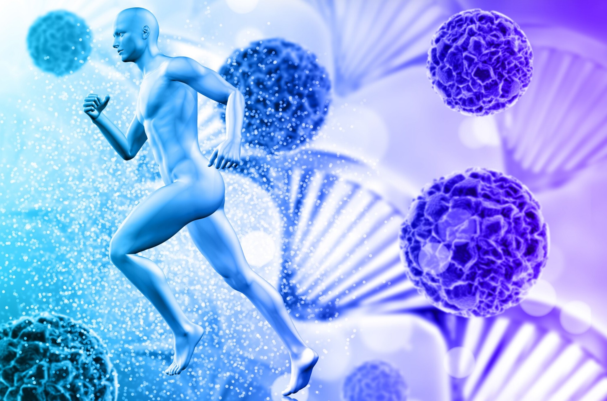 Représentation numérique d’un corps humain en mouvement dans un univers biomédical futuriste, entouré de structures ADN et de cellules, illustrant le lien entre génétique, performance physique et innovation en santé personnalisée.