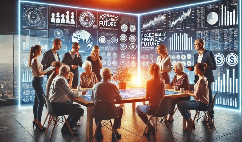 Réunion intergénérationnelle dans une salle futuriste, avec murs digitaux interactifs affichant des données économiques, graphiques financiers et technologies de pointe, illustrant la collaboration entre générations autour des enjeux de transformation numérique et d’intelligence artificielle.