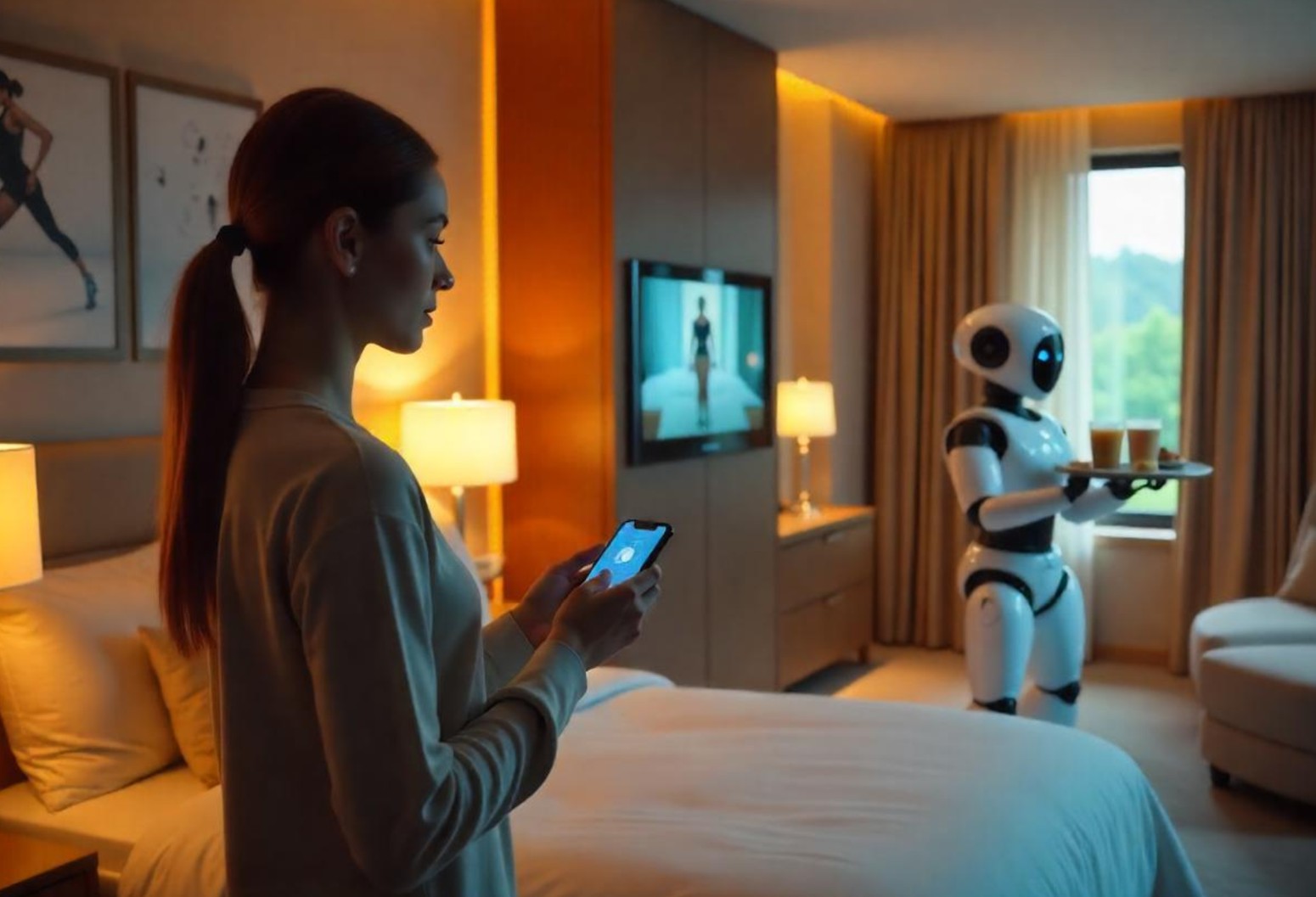Femme utilisant une application mobile dans une chambre d'hôtel moderne pendant qu'un robot humanoïde lui apporte des boissons, illustrant l'intégration de l'intelligence artificielle et de la robotique dans les services personnalisés de l'hôtellerie connectée.