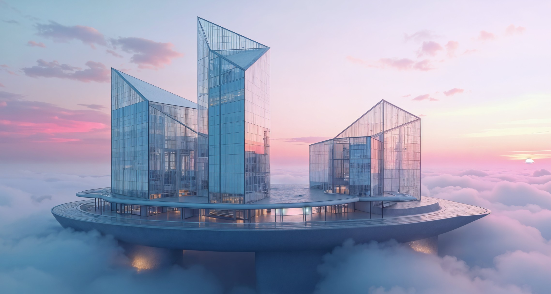 Bâtiment futuriste en verre sur une plateforme suspendue au-dessus des nuages, baigné dans une lumière rose et violette au coucher du soleil, symbolisant l’innovation architecturale et les infrastructures du futur.