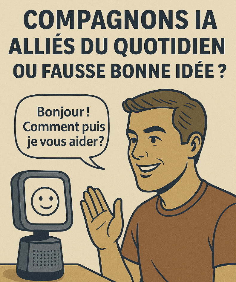 Personne de plus de 55 ans saluant un assistant IA domestique, écran souriant et bulle « Bonjour ! Comment puis-je vous aider ? »