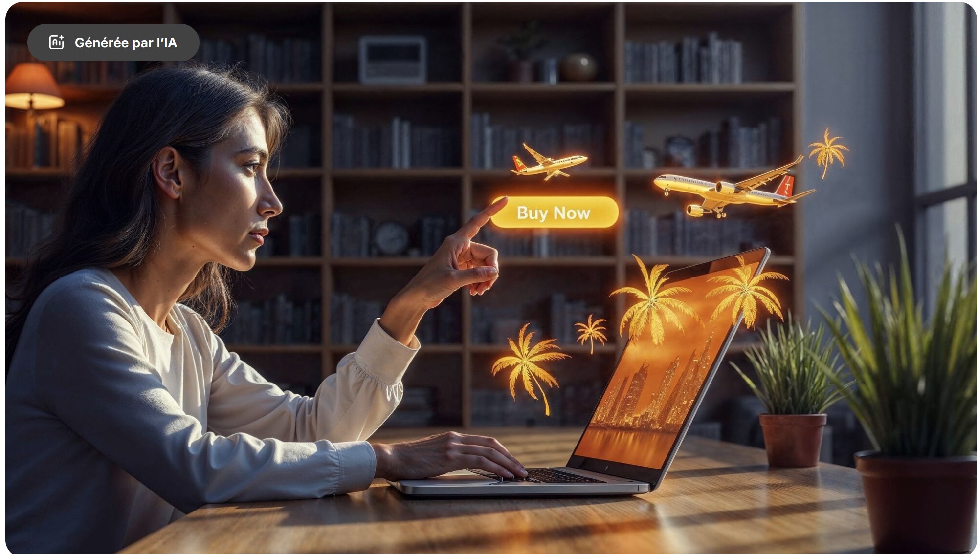 "Femme réservant un voyage en ligne sur ordinateur avec des éléments virtuels comme avions, palmiers et bouton 'Buy Now' flottant dans l’air.
