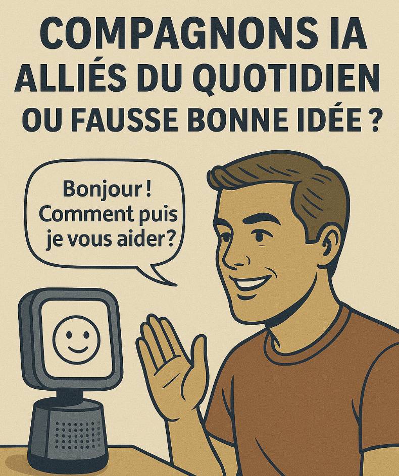 Personne de plus de 55 ans saluant un assistant IA domestique, écran souriant et bulle « Bonjour ! Comment puis-je vous aider ? »