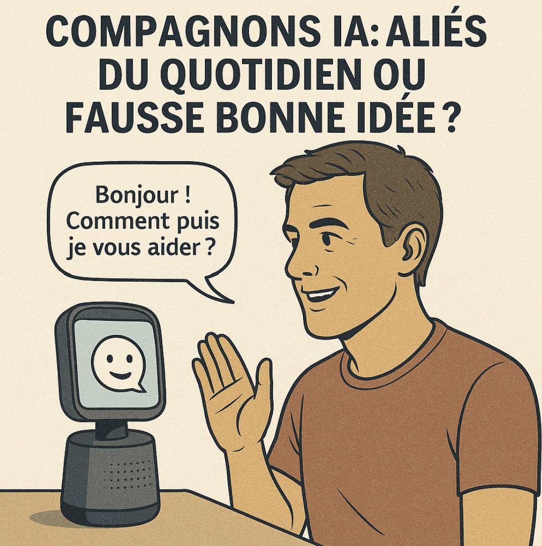 ersonne de plus de 55 ans saluant un assistant IA domestique, écran souriant et bulle « Bonjour ! Comment puis-je vous aider ? »