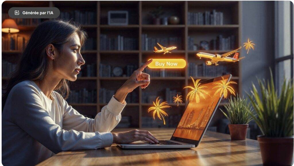 "Femme réservant un voyage en ligne sur ordinateur avec des éléments virtuels comme avions, palmiers et bouton 'Buy Now' flottant dans l’air.
