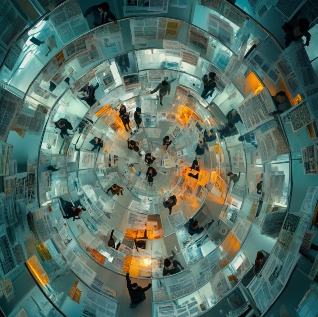 Illustration conceptuelle d’un labyrinthe circulaire de désinformation : des individus entourés de journaux en spirale, évoquant la confusion face aux fake news et la complexité du traitement de l’information à l’ère numérique.