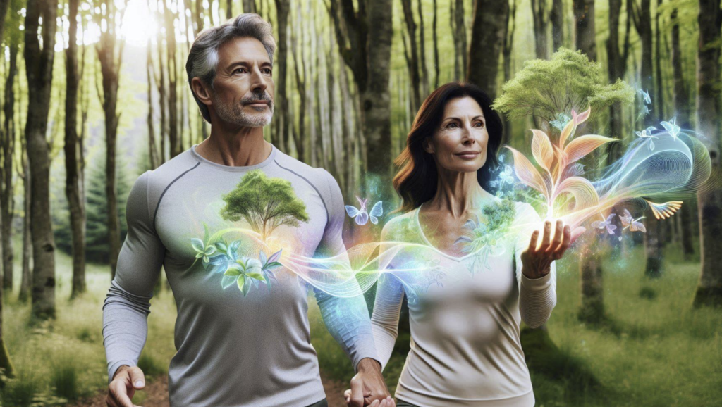 Couple d’adultes marchant dans une forêt en projetant des éléments de réalité augmentée féériques autour d’eux.