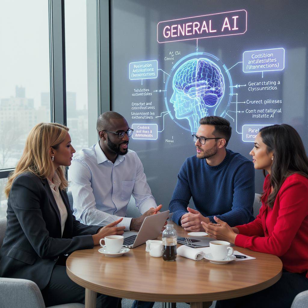 Quatre personnes de plus de 55 ans discutent autour d’un ordinateur et de tasses de café, face à un schéma “General AI” projeté sur un mur.