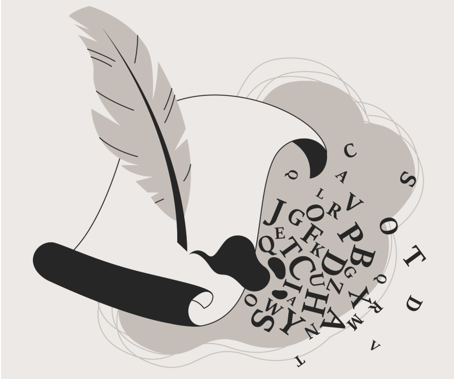 Illustration stylisée d’un rouleau de parchemin, d’une plume et de lettres flottantes représentant l’imaginaire de l’écriture créative assistée par intelligence artificielle.