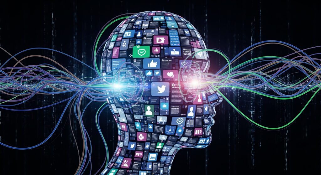Visage humain numérique composé d’icônes de réseaux sociaux, traversé par des flux lumineux représentant l’intelligence artificielle et la circulation massive des données.