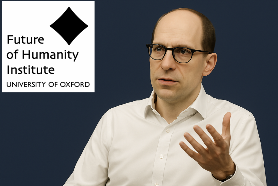 Illustration de NIck Bostrom, en chemise blanche s’exprimant lors d’une conférence, sur fond sombre avec le logo du Future of Humanity Institute à l'université d'Oxford sur l'IA Générale