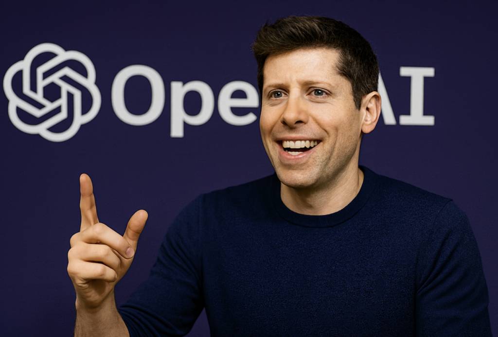 Portrait de Sam Altman, PDG d’OpenAI, souriant et en pleine interview devant un fond noir avec le logo OpenAI.