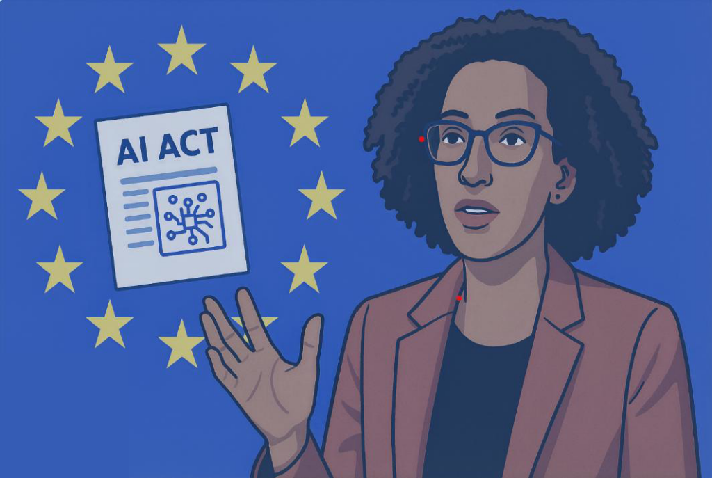 Illustration stylisée de Timnit Gebru à droite de l’image, sur fond bleu européen, avec les étoiles du drapeau de l’Union européenne à gauche et une représentation symbolique de l’AI Act. L’image évoque la rencontre entre engagement citoyen et cadre légal européen en matière d’intelligence artificielle éthique.