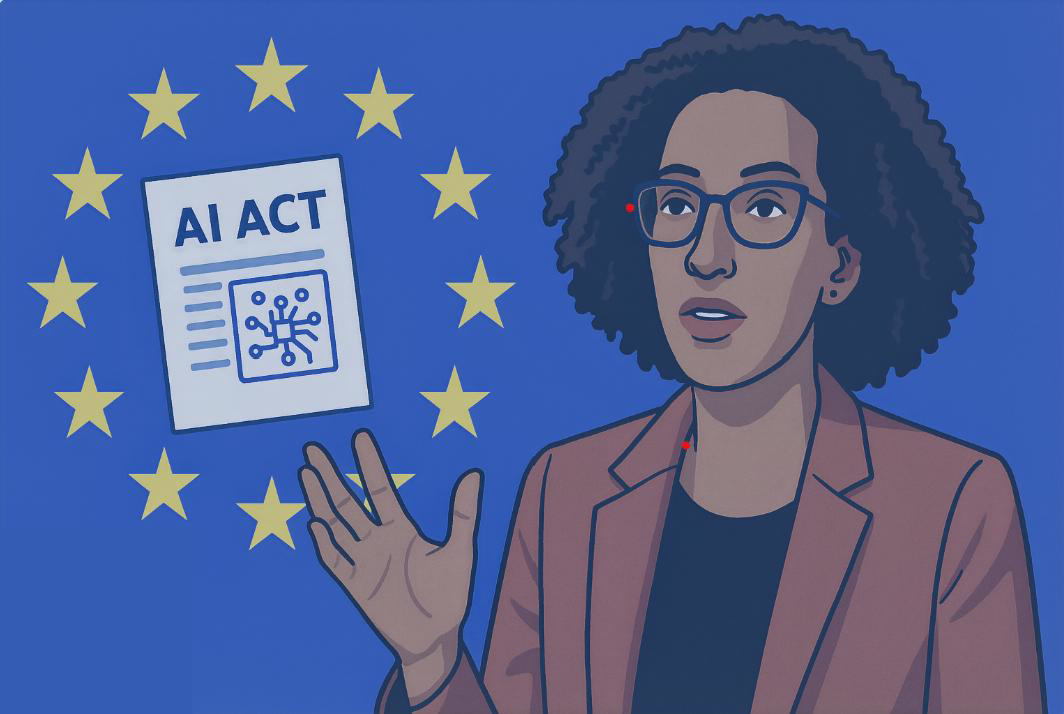 Illustration stylisée de Timnit Gebru à droite de l’image, sur fond bleu européen, avec les étoiles du drapeau de l’Union européenne à gauche et une représentation symbolique de l’AI Act. L’image évoque la rencontre entre engagement citoyen et cadre légal européen en matière d’intelligence artificielle éthique.