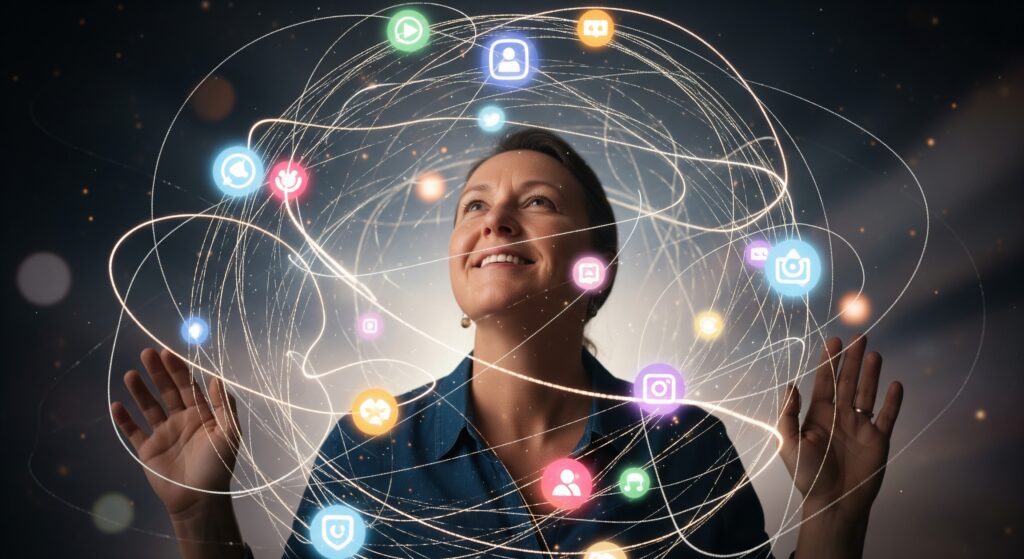 Photo réaliste d'une personne adulte joyeuse et insouciante, souriant alors qu'elle est subtilement piégée dans un réseau lumineux d'icônes de réseaux sociaux.