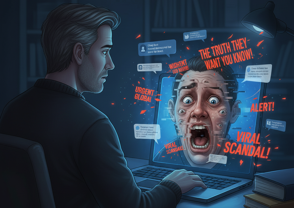 Homme quinquagénaire choqué fixant un écran d'ordinateur affichant un visage déformé et hurlant. L'écran reflète des titres de fake news comme "URGENT GLOBAL", "VIRAL SCANDAL" et "THE TRUTH THEY WANT YOU KNOW", avec des icônes de réseaux sociaux et des bulles de texte floues. L'ambiance est sombre, soulignant l'impact des fausses informations sur la perception individuelle dans un environnement numérique.