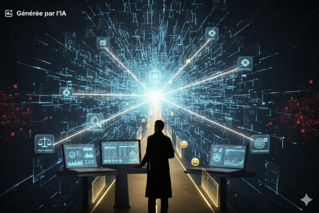 Silhouette d'une personne devant un tableau de bord high-tech avec trois écrans, chacun affichant des données et des graphiques. En arrière-plan, un réseau de lignes lumineuses bleues et cyan convergent vers un point central "AI" brillant, symbolisant la clarté et l'orientation. Des icônes flottantes (fact-check, transparence, éthique, protection des données) jalonnent le chemin lumineux, avec des points rouges sombres représentant l'incertitude aux extrémités. L'ensemble évoque une exploration guidée et optimiste du vaste monde de l'intelligence
