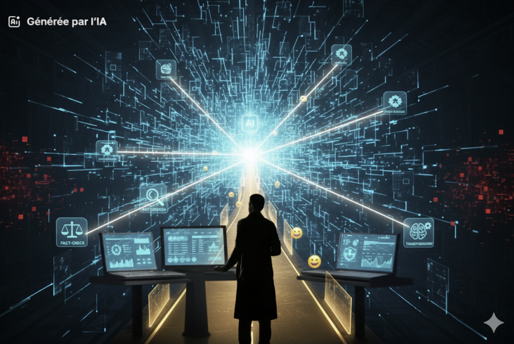 Silhouette d'une personne devant un tableau de bord high-tech avec trois écrans, chacun affichant des données et des graphiques. En arrière-plan, un réseau de lignes lumineuses bleues et cyan convergent vers un point central "AI" brillant, symbolisant la clarté et l'orientation. Des icônes flottantes (fact-check, transparence, éthique, protection des données) jalonnent le chemin lumineux, avec des points rouges sombres représentant l'incertitude aux extrémités. L'ensemble évoque une exploration guidée et optimiste du vaste monde de l'intelligence