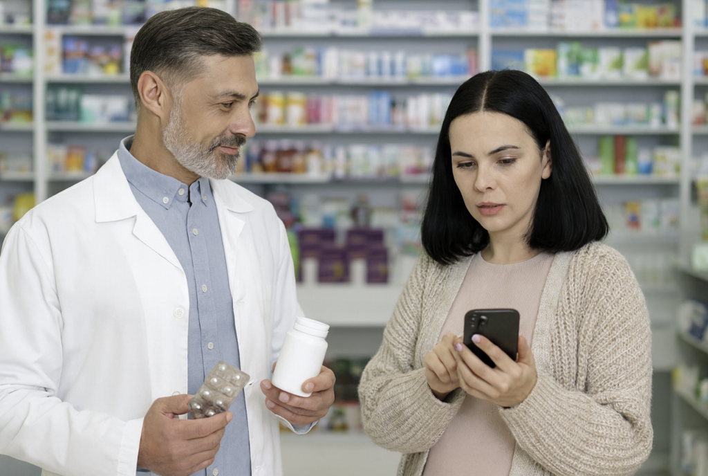 Cliente discutant avec un pharmacien tout en consultant son iPhone dans une pharmacie moderne, illustrant l’utilisation de ChatGPT pour mieux préparer ses achats de santé.