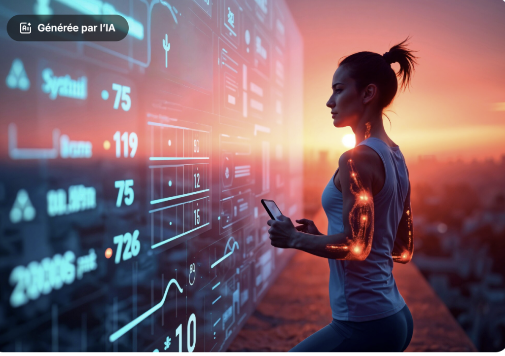Une athlète moderne observe en temps réel les données de son corps projetées sur un mur numérique, symbole des progrès de la santé connectée et de la bio-mesure. Entre performance, prévention et innovation, l’image illustre la fusion entre technologie et vitalité humaine.
