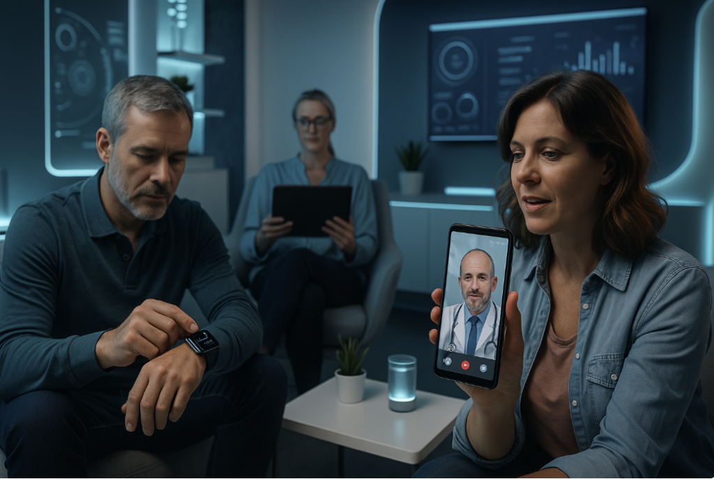 Scène futuriste de santé connectée montrant un homme consultant les données de sa montre intelligente, une femme en visioconférence avec un médecin sur son smartphone, et une autre personne utilisant une tablette dans un salon moderne éclairé en bleu, symbolisant la télémédecine et le bien-être numérique.