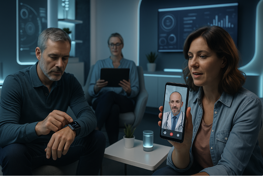 Scène futuriste de santé connectée montrant un homme consultant les données de sa montre intelligente, une femme en visioconférence avec un médecin sur son smartphone, et une autre personne utilisant une tablette dans un salon moderne éclairé en bleu, symbolisant la télémédecine et le bien-être numérique.