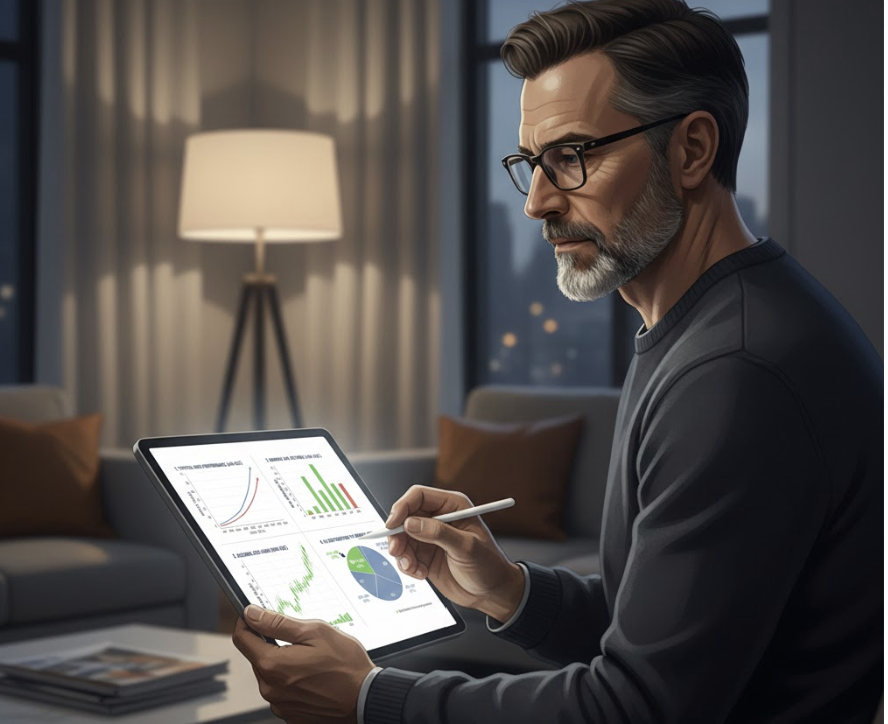 Personne cinquantenaire analysant des graphiques boursiers (courbes et chandeliers) sur une tablette. Investissement et gestion de portefeuille numérique.