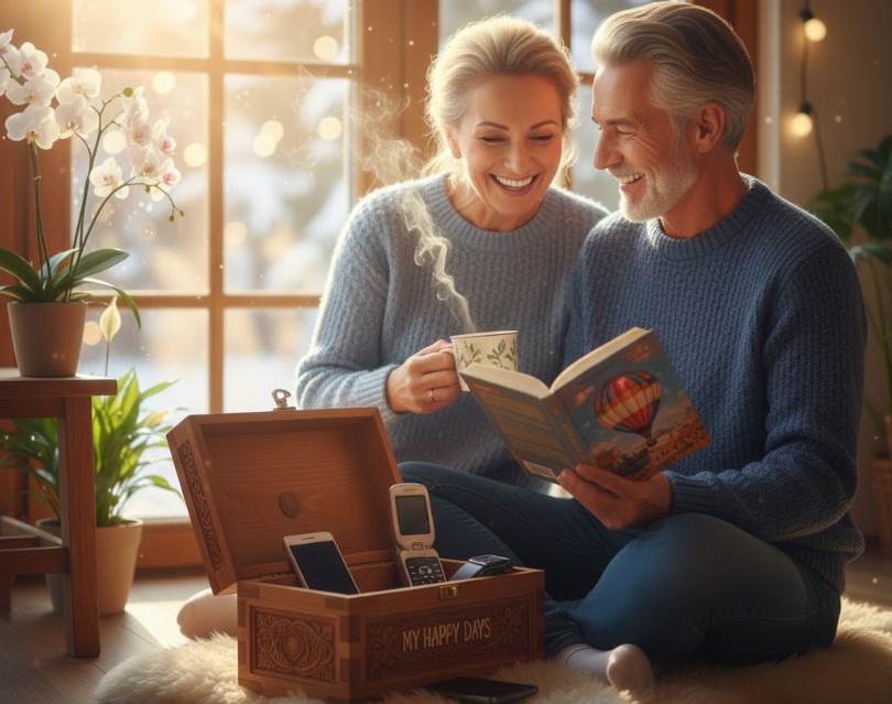 Couple souriant d'âge mûr en pull , assis sur un tapis douillet, lisant un livre avec une tasse chaude. À côté d'eux, ses smartphones sont rangés dans une boîte en bois gravée "My Happy Days", symbolisant une détox numérique douce pendant l'hiver.