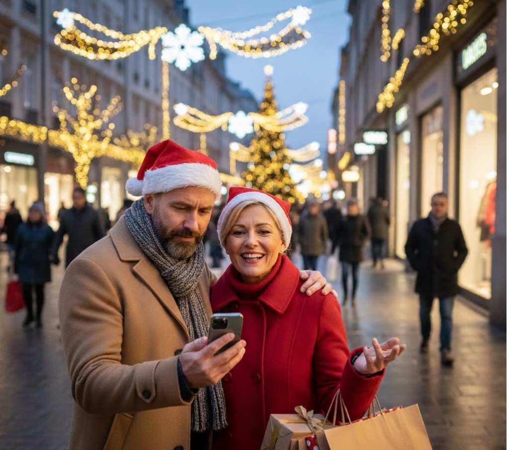 Couple shopping Noël optimisé sur smartphone rue illuminée