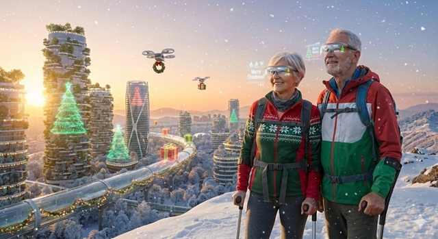 Couple en randonnée avec lunettes connectées face à une ville futuriste décorée pour Noël, drones et réalité augmentée dans un paysage enneigé.