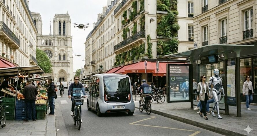 Scène de rue à Paris avec une navette autonome, des vélos connectés, des drones de livraison et un robot humanoïde accompagnant un passant devant Notre-Dame.