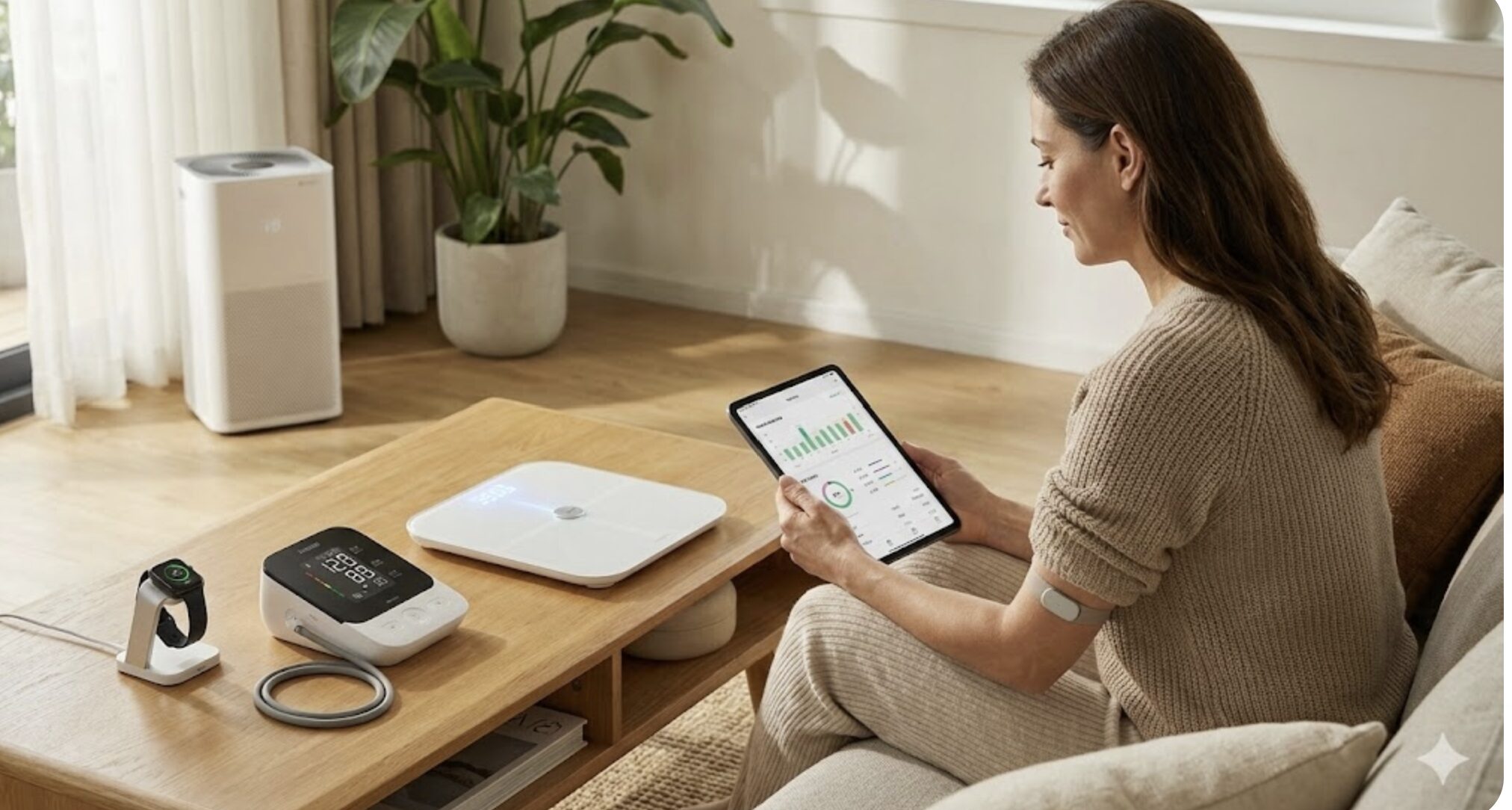 Une femme assise dans un salon moderne et lumineux consulte des graphiques de données de santé sur une tablette. Sur la table basse en bois devant elle sont disposés un tensiomètre connecté, une balance intelligente et une montre connectée en charge. Un purificateur d'air est visible en arrière-plan.