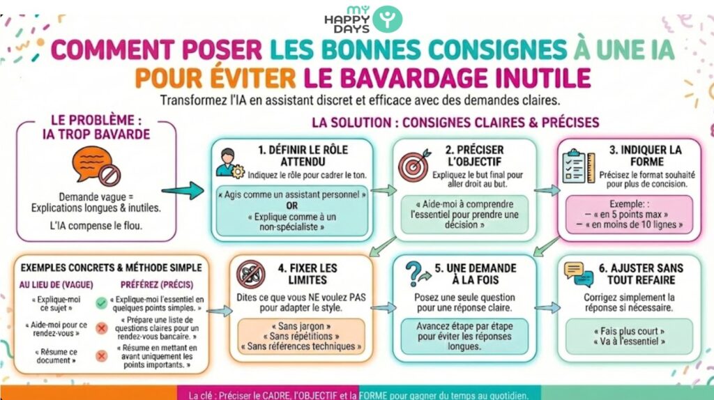 Infographie détaillée aux couleurs de my HAPPY DAYS (orange, fuchsia, turquoise, vert d'eau) expliquant la méthode pour obtenir des réponses courtes d'une IA. Le titre principal est "COMMENT POSER LES BONNES CONSIGNES À UNE IA POUR ÉVITER LE BAVARDAGE INUTILE". Elle présente un flux en 6 étapes avec icônes : 1. Définir le rôle, 2. Préciser l'objectif, 3. Indiquer la forme (ex: 5 points max), 4. Fixer les limites (ex: sans jargon), 5. Une demande à la fois, 6. Ajuster sans tout refaire. Une section "Exemples concrets" compare des demandes vagues à des consignes précises.