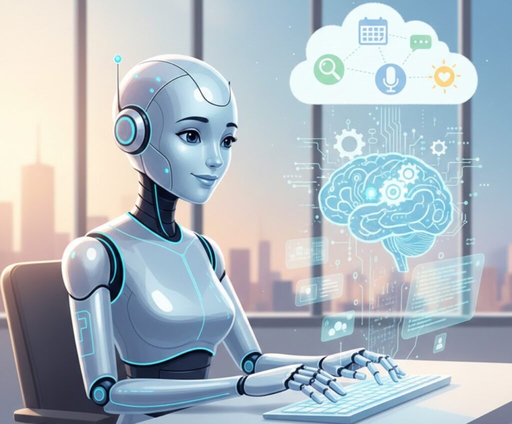 Illustration d'un robot secrétaire utilisant l'intelligence artificielle pour gérer les tâches administratives et libérer du temps libre.