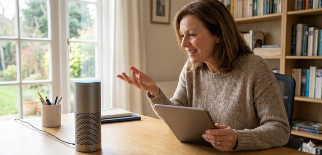 Photographie réaliste d'une femme d'environ 50 ans, souriante dans un bureau à domicile lumineux, tenant une tablette et faisant un geste de la main tout en parlant à une enceinte connectée (smart speaker) posée sur un bureau en bois.